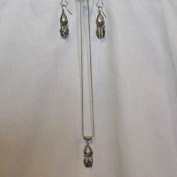 Teardrop Dangle Angel Wings Pentagram Star 925 Necklace 18" Matching Earrings - Picture 3 of 14